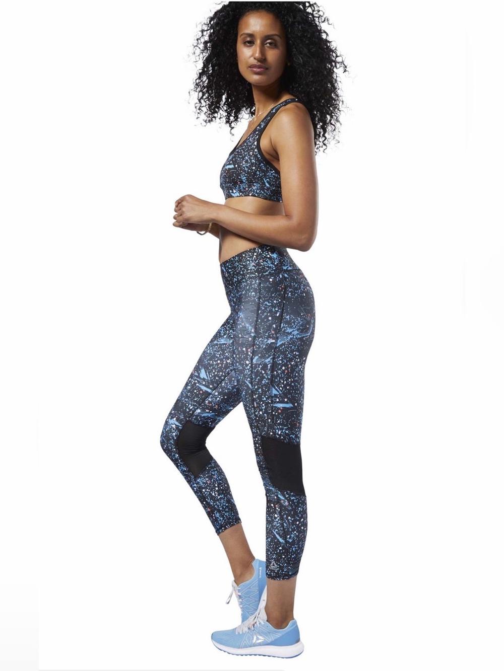 Reebok matching set paint-splatter athletic sport bra-leggings Black/Blue Size L